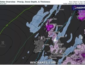 新的圣诞大雪地图显示英国被大雪覆盖，四个地区幸免